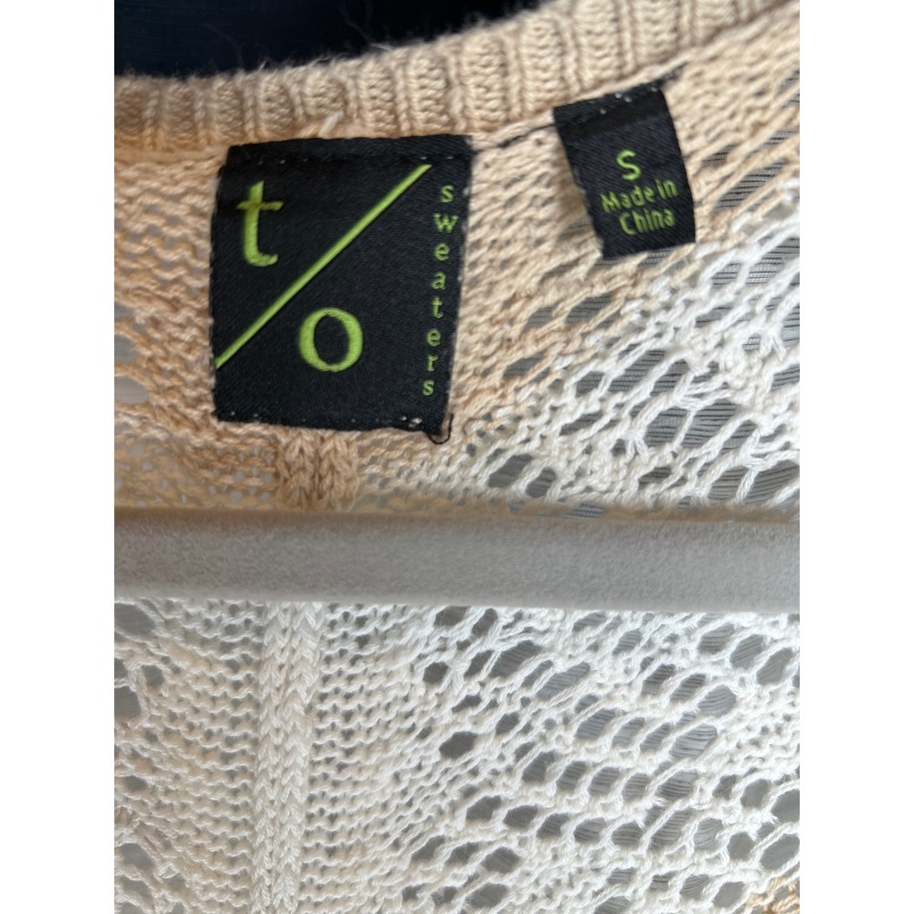 Boho Tan White Open Knit Chevron Sweater Women's Size Small Crochet Cottagecore - Picture 4 of 7